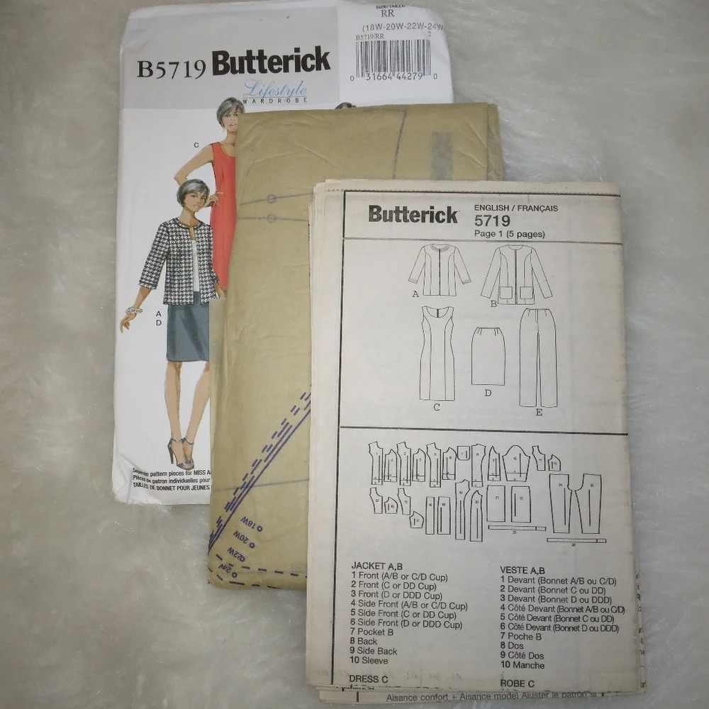 BUTTERICK B5719 Sz 18W-24W Lifestyle Wardrobe Jackets, Dress, Skirt, Pants